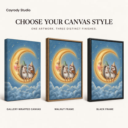 Moonlit Hedgehog Musicians artwork finish chart showing gallery wrapped canvas, walnut frame, and black frame options.