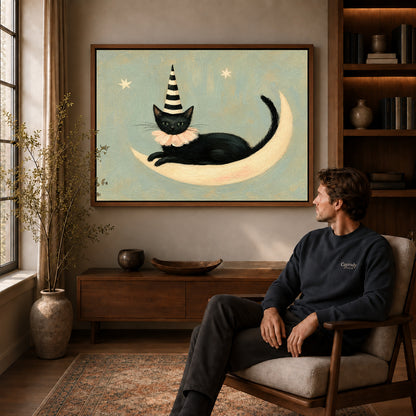 Walnut framed crescent lounging cat artwork above a seated man in a wood furnished living room.