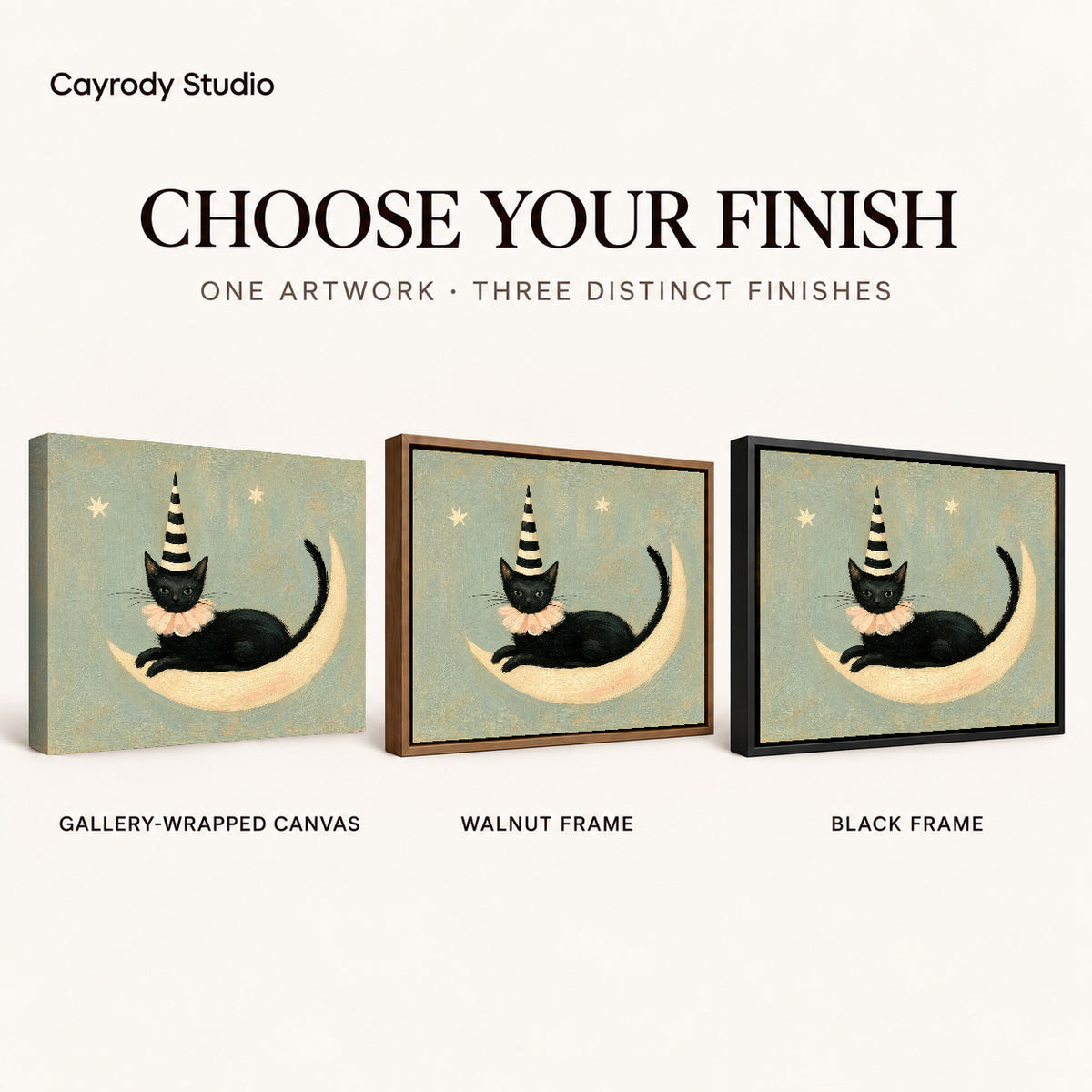 Crescent Lounging Cat artwork finish chart showing gallery wrapped canvas, walnut frame, and black frame options.