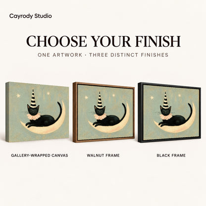 Crescent Lounging Cat artwork finish chart showing gallery wrapped canvas, walnut frame, and black frame options.
