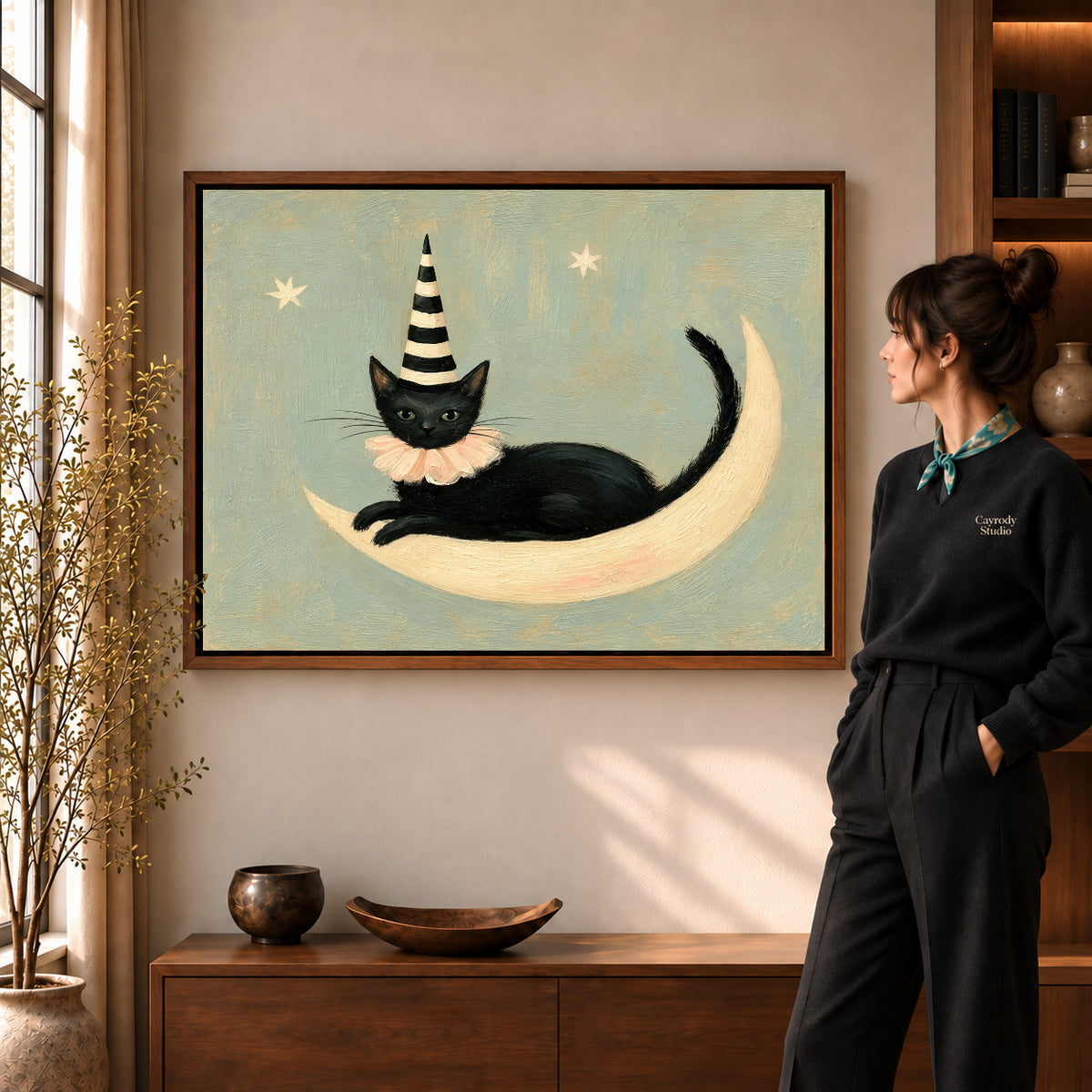 Walnut framed crescent lounging cat artwork scene assigned to all six walnut framed canvas sizes.