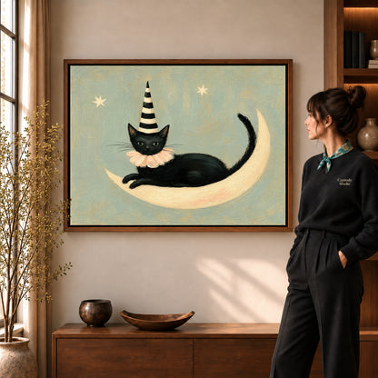 Walnut framed crescent lounging cat artwork scene assigned to all six walnut framed canvas sizes.