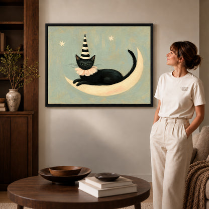 Black framed crescent lounging cat artwork scene assigned to all six black framed canvas sizes.