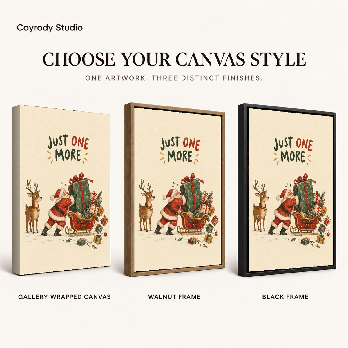 One More Gift artwork finish chart showing gallery wrapped canvas, walnut frame, and black frame options.