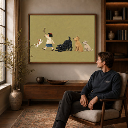 Walnut framed folk girl and four dogs canvas art displayed above a seated man in a wood furnished room.