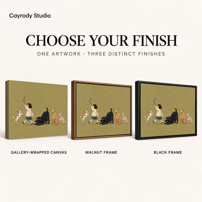 Folk girl and four dogs canvas art finish chart showing gallery wrapped canvas, walnut frame, and black frame options.