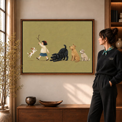 Walnut framed folk girl and four dogs canvas art room scene assigned to all six walnut framed canvas sizes.