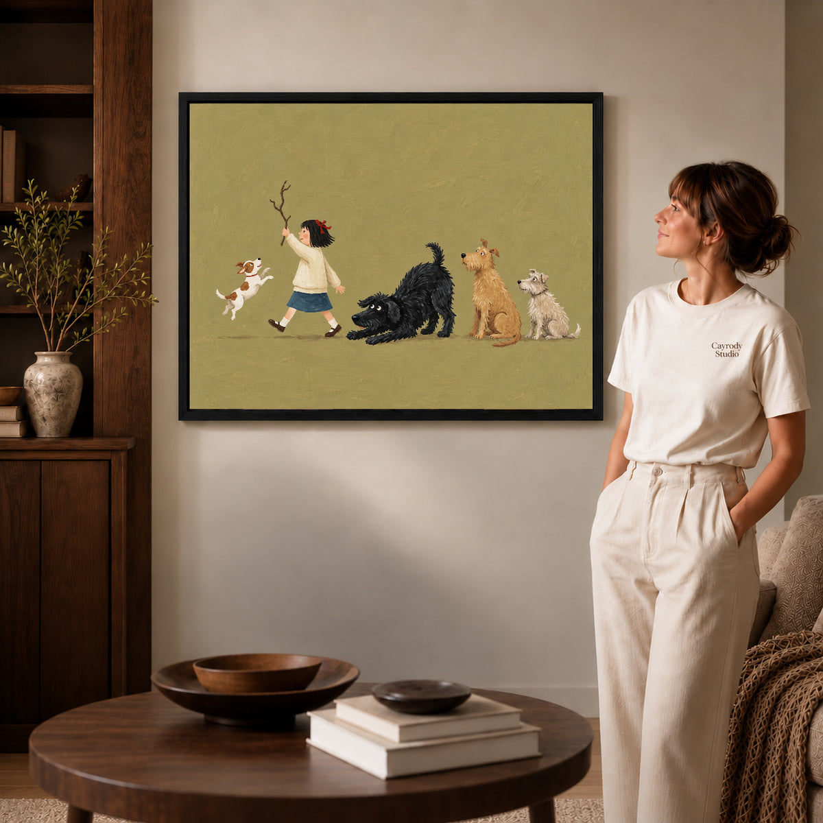 Black framed folk girl and four dogs canvas art room scene assigned to all six black framed canvas sizes.