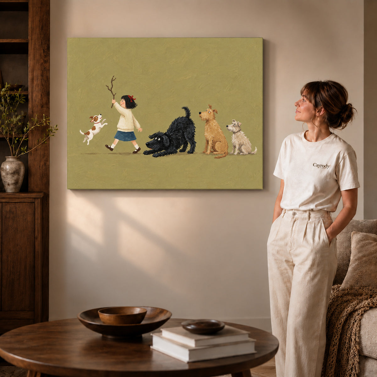 Gallery wrapped folk girl and four dogs canvas art room scene assigned to all six unframed wrapped canvas sizes.