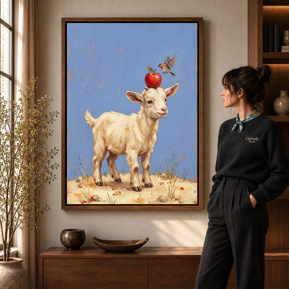 Goat apple balance canvas art in a walnut frame beside a standing woman in a warm living room.