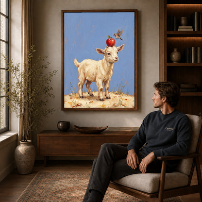 Walnut framed goat apple balance canvas art displayed above a seated man in a wood furnished room.
