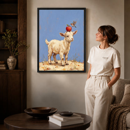 Black framed goat apple balance canvas art displayed beside a woman in a warm neutral living room.