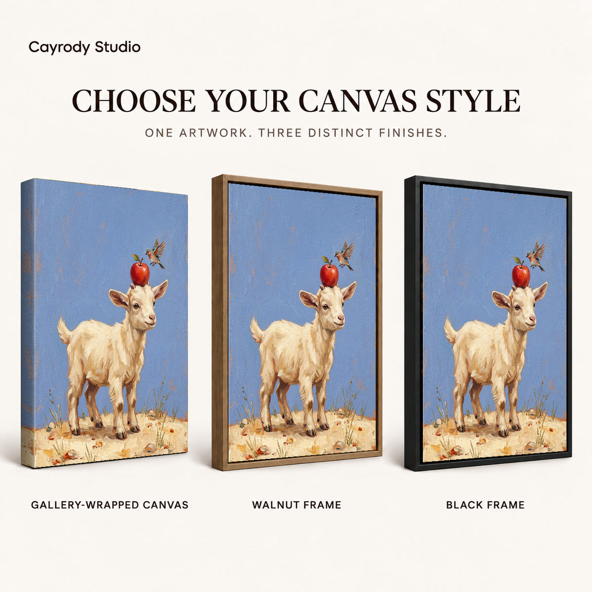 Goat apple balance canvas art finish chart showing gallery wrapped canvas, walnut frame, and black frame options.
