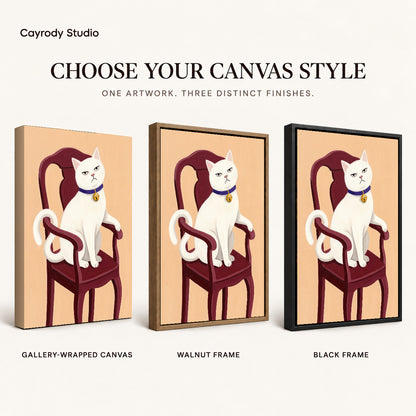 Regal White Cat artwork finish chart showing gallery wrapped canvas, walnut frame, and black frame options.