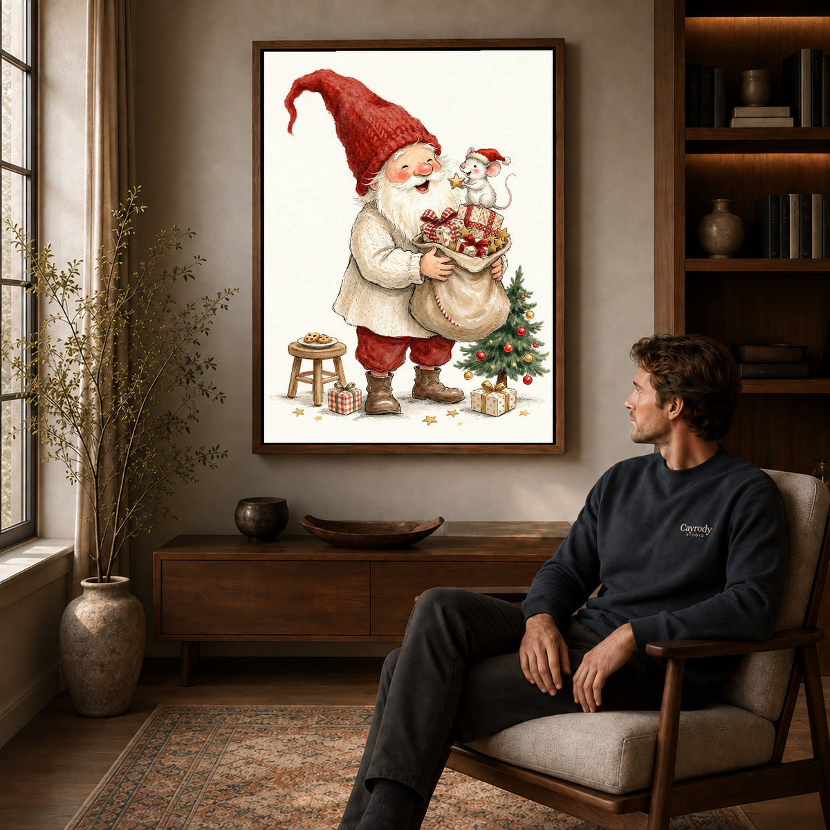 Walnut framed santa mouse surprise artwork above a seated man in a wood furnished living room.