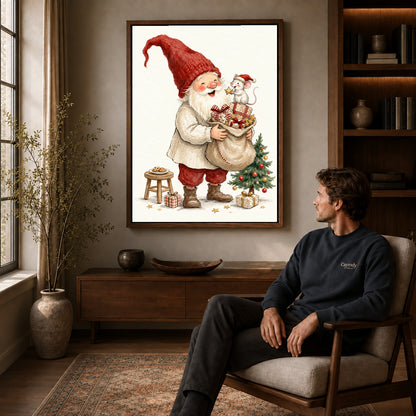 Walnut framed santa mouse surprise artwork above a seated man in a wood furnished living room.