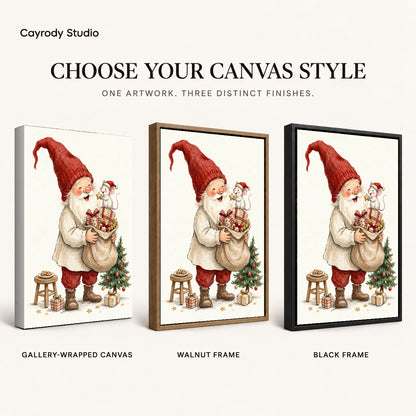 Santa Mouse Surprise artwork finish chart showing gallery wrapped canvas, walnut frame, and black frame options.