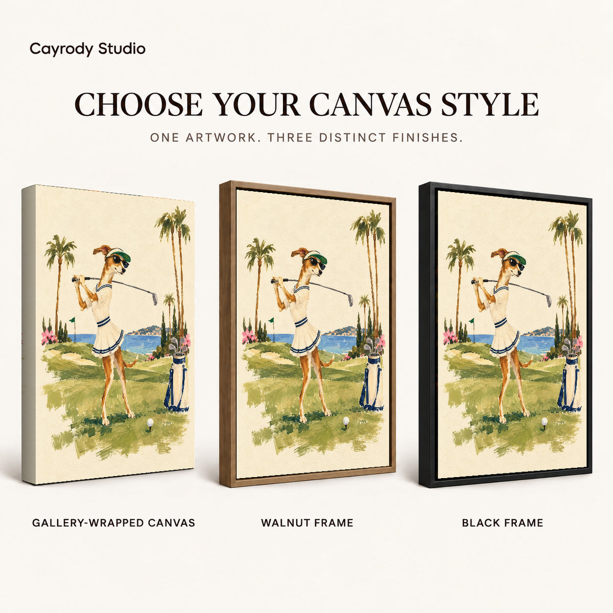 Coastal Golfing Dog artwork finish chart showing gallery wrapped canvas, walnut frame, and black frame options.