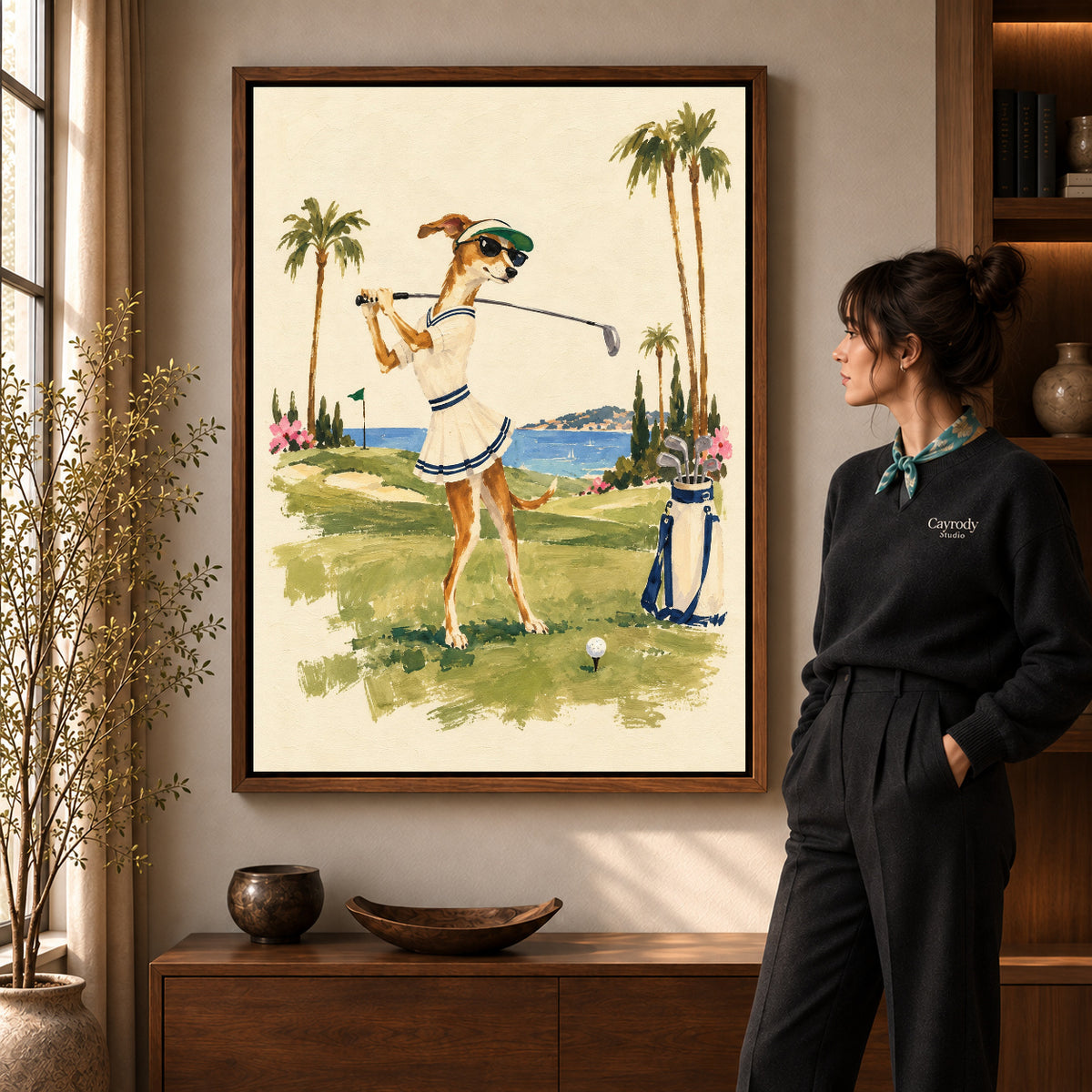 Walnut framed coastal golfing dog artwork scene assigned to all six walnut framed canvas sizes.