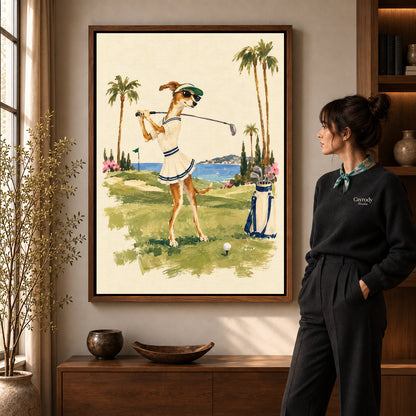 Walnut framed coastal golfing dog artwork scene assigned to all six walnut framed canvas sizes.