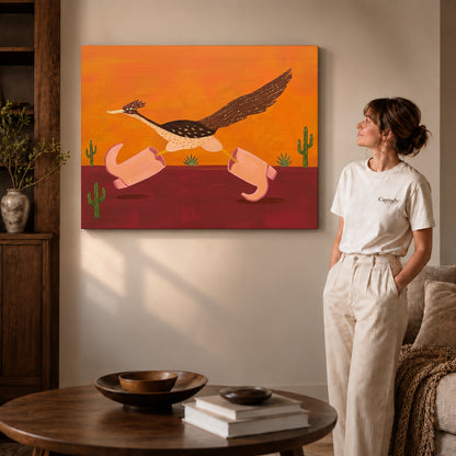 Gallery wrapped folk roadrunner pink boots canvas art with naturally shaded canvas edges beside a woman wearing cream clothing.