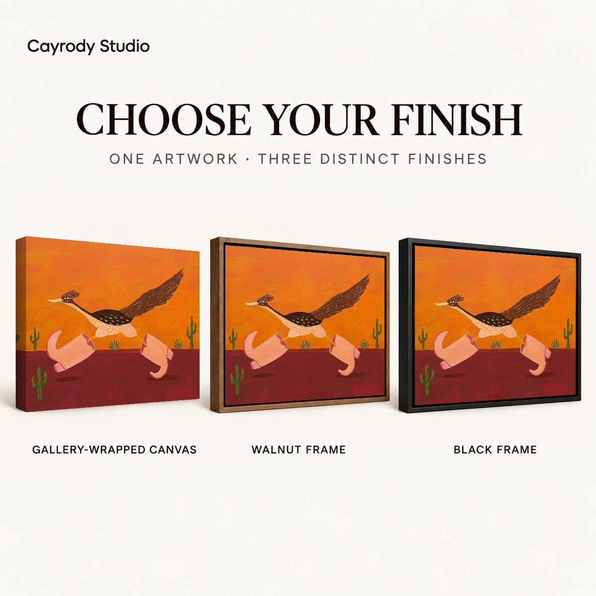 Folk roadrunner pink boots canvas art finish chart showing gallery wrapped canvas, walnut frame, and black frame options.