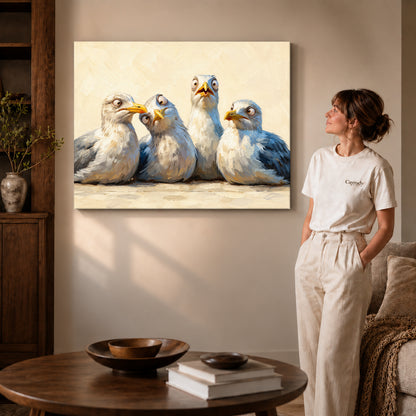 Gallery wrapped quirky seagull quartet artwork with shaded canvas edges beside a woman wearing cream clothing.