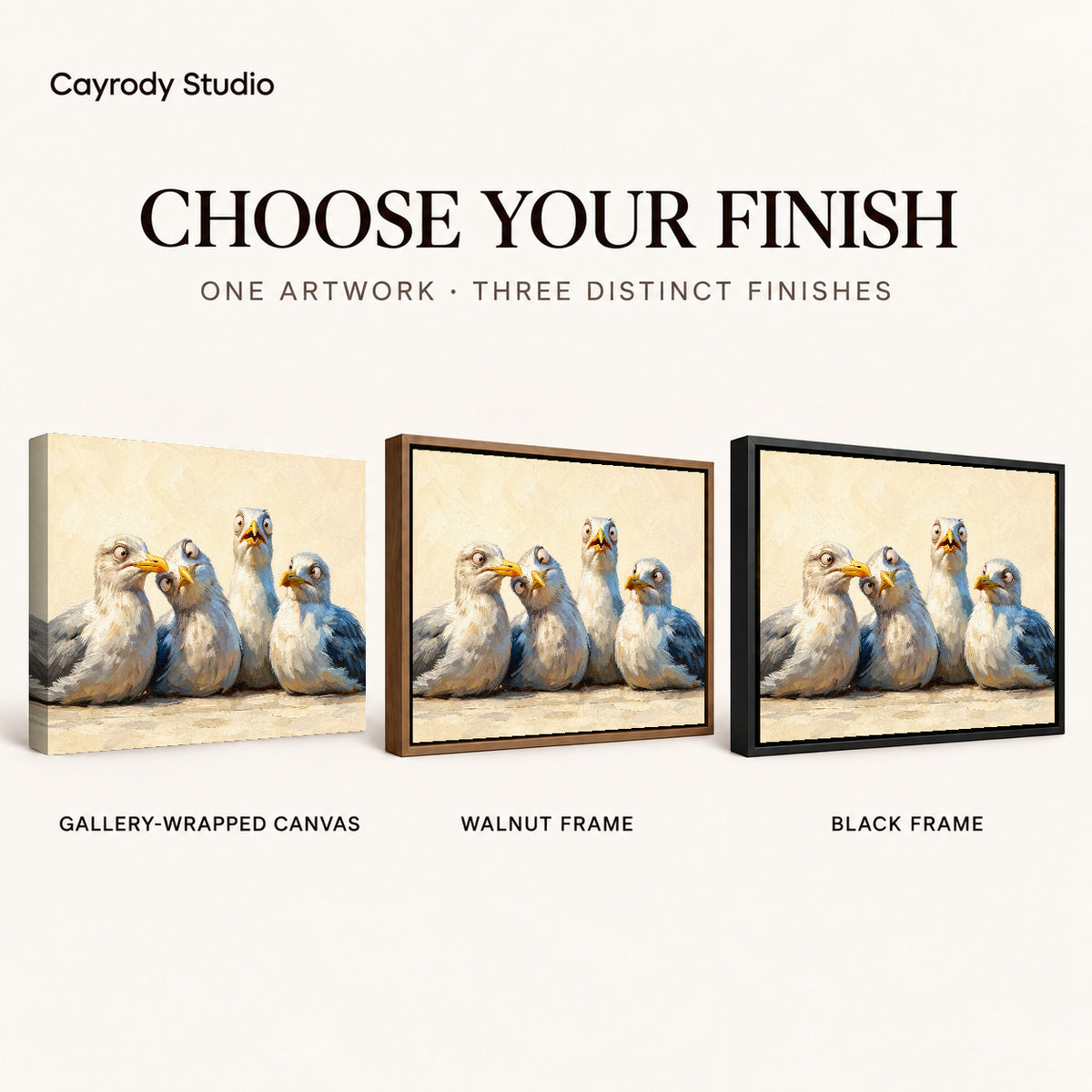 Quirky Seagull Quartet artwork finish chart showing gallery wrapped canvas, walnut frame, and black frame options.