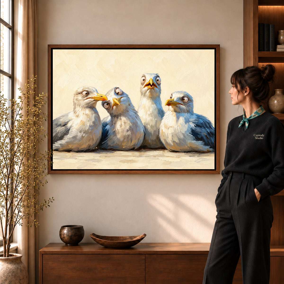 Walnut framed quirky seagull quartet artwork scene assigned to all six walnut framed canvas sizes.