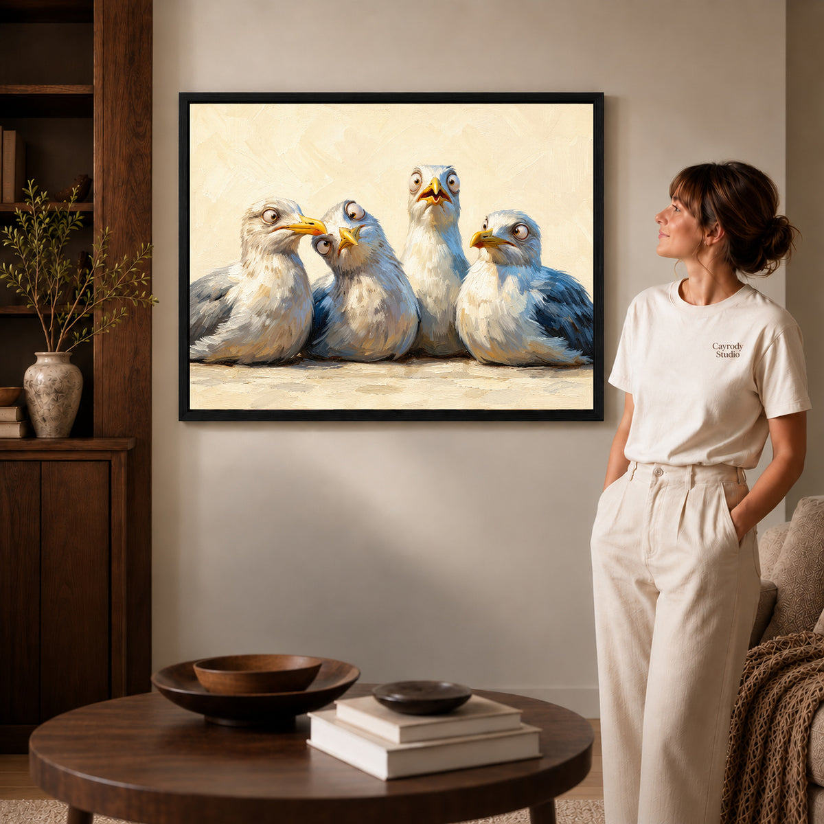 Black framed quirky seagull quartet artwork scene assigned to all six black framed canvas sizes.