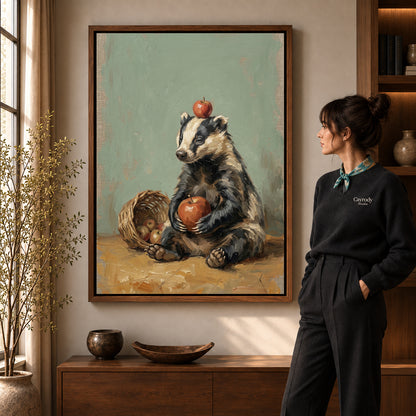Badger apple basket canvas art in a walnut frame beside a standing woman in a warm living room.