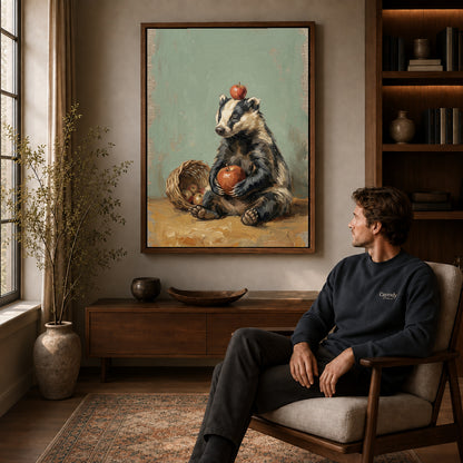Walnut framed badger apple basket canvas art displayed above a seated man in a wood furnished room.