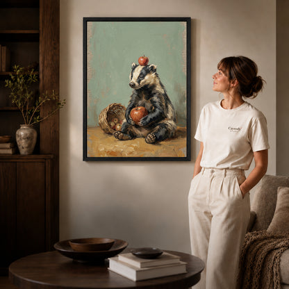 Black framed badger apple basket canvas art displayed beside a woman in a warm neutral living room.