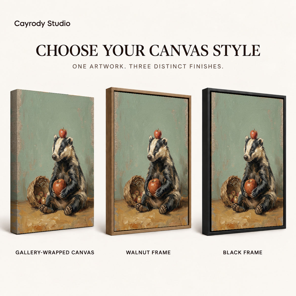 Badger apple basket canvas art finish chart showing gallery wrapped canvas, walnut frame, and black frame options.