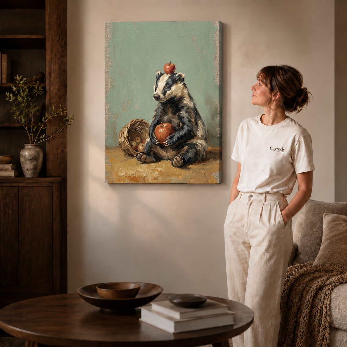 Gallery wrapped badger apple basket canvas art room scene assigned to all six unframed wrapped canvas sizes.