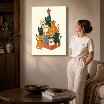 Gallery wrapped christmas cat gathering artwork with shaded canvas edges beside a woman wearing cream clothing.