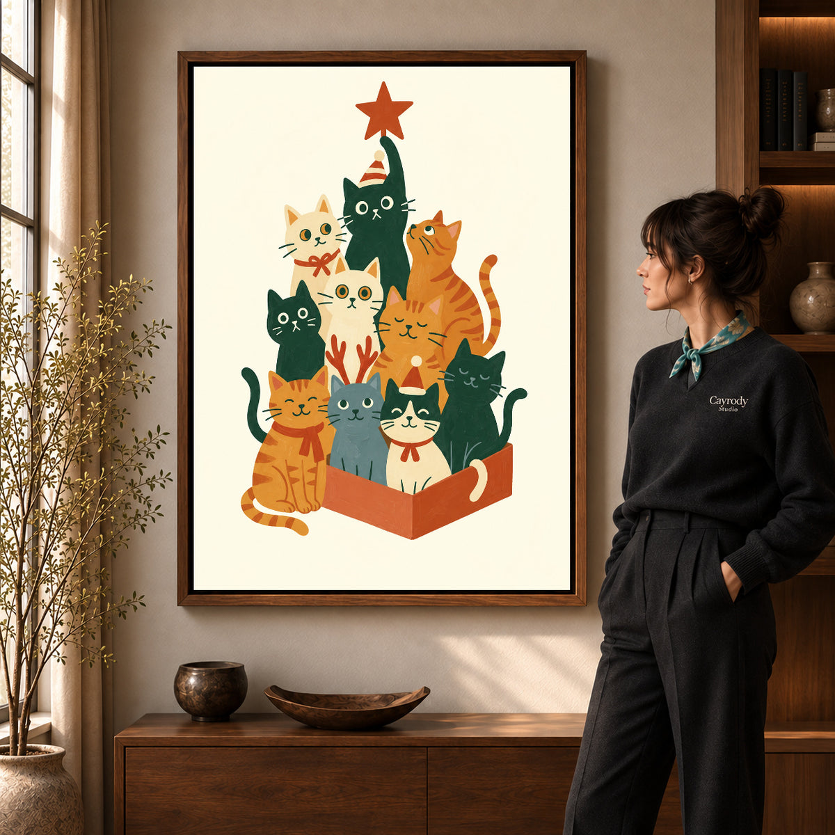 Walnut framed christmas cat gathering artwork scene assigned to all six walnut framed canvas sizes.