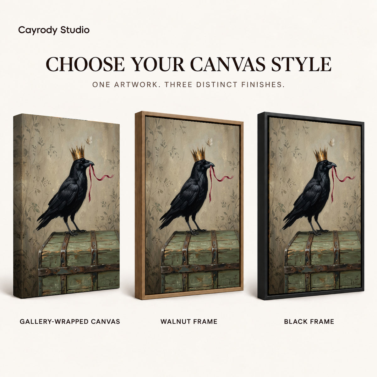Crowned raven ribbon canvas art finish chart showing gallery wrapped canvas, walnut frame, and black frame options.