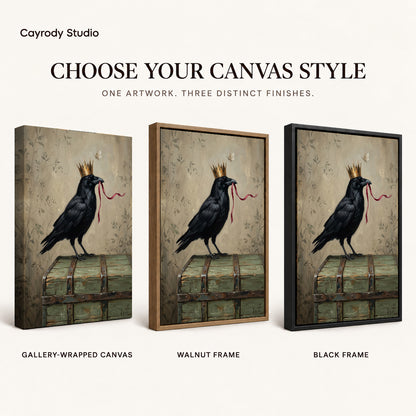 Crowned raven ribbon canvas art finish chart showing gallery wrapped canvas, walnut frame, and black frame options.