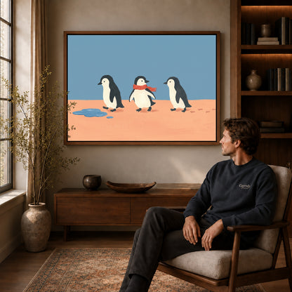 Walnut framed three penguin friends canvas art displayed above a seated man in a wood furnished room.