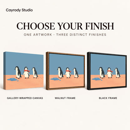 Three penguin friends canvas art finish chart showing gallery wrapped canvas, walnut frame, and black frame options.
