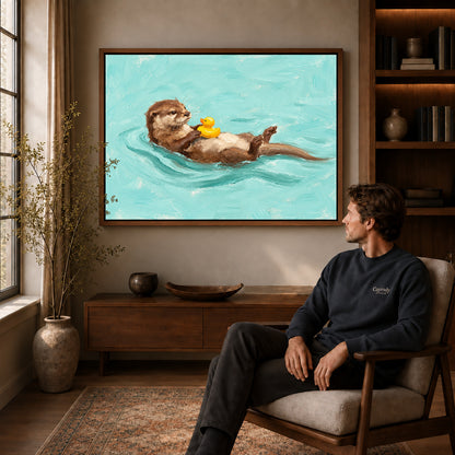 Walnut framed floating otter duck artwork above a seated man in a wood furnished living room.