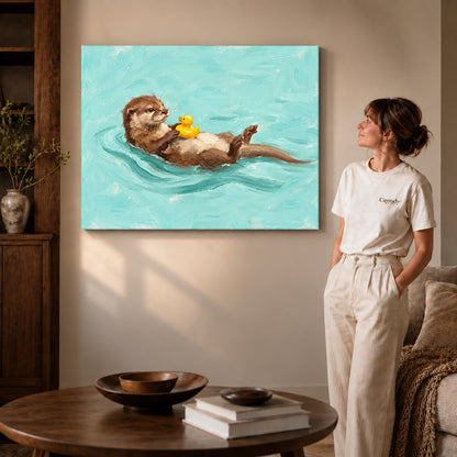 Gallery wrapped floating otter duck artwork with shaded canvas edges beside a woman wearing cream clothing.