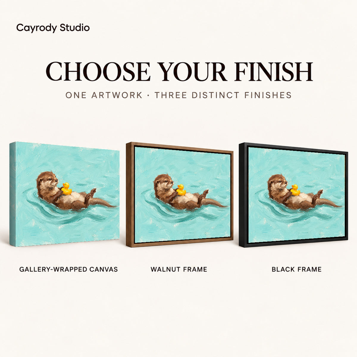 Floating Otter Duck artwork finish chart showing gallery wrapped canvas, walnut frame, and black frame options.