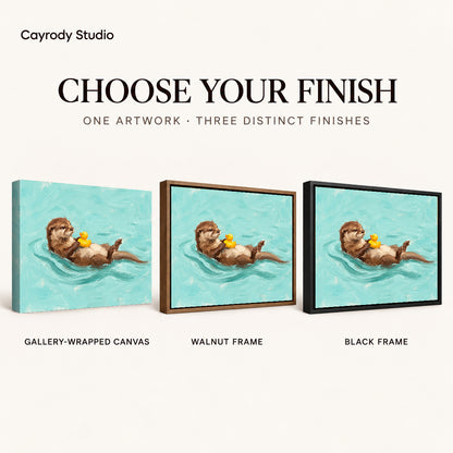 Floating Otter Duck artwork finish chart showing gallery wrapped canvas, walnut frame, and black frame options.