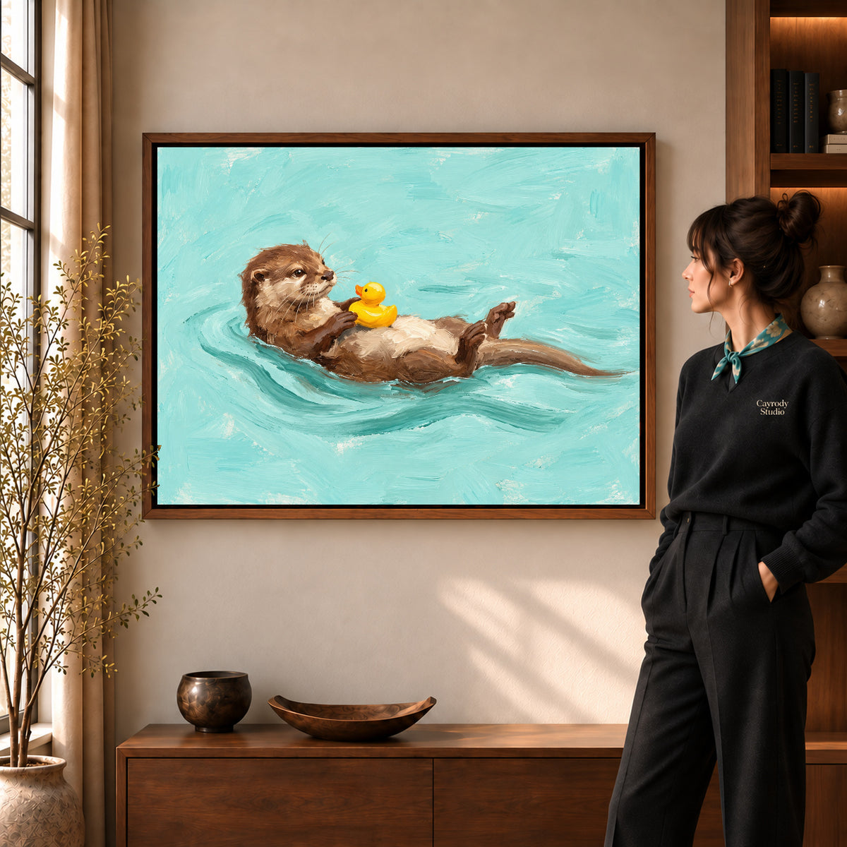 Walnut framed floating otter duck artwork scene assigned to all six walnut framed canvas sizes.