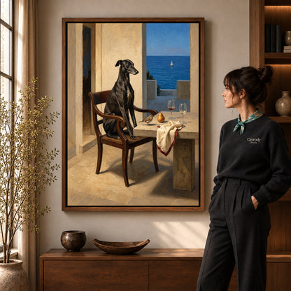 Seaside Greyhound Portrait artwork in a walnut frame beside a standing woman in a warm room.