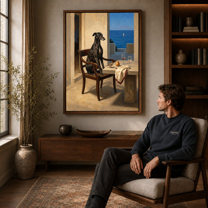 Walnut framed seaside greyhound portrait artwork above a seated man in a wood furnished living room.