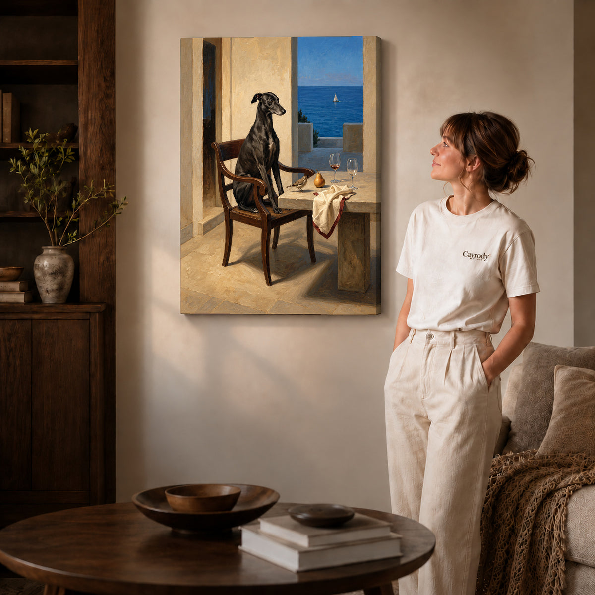 Gallery wrapped seaside greyhound portrait artwork with shaded canvas edges beside a woman wearing cream clothing.