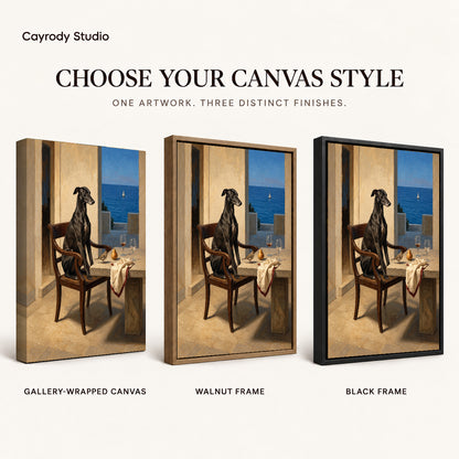 Seaside Greyhound Portrait artwork finish chart showing gallery wrapped canvas, walnut frame, and black frame options.